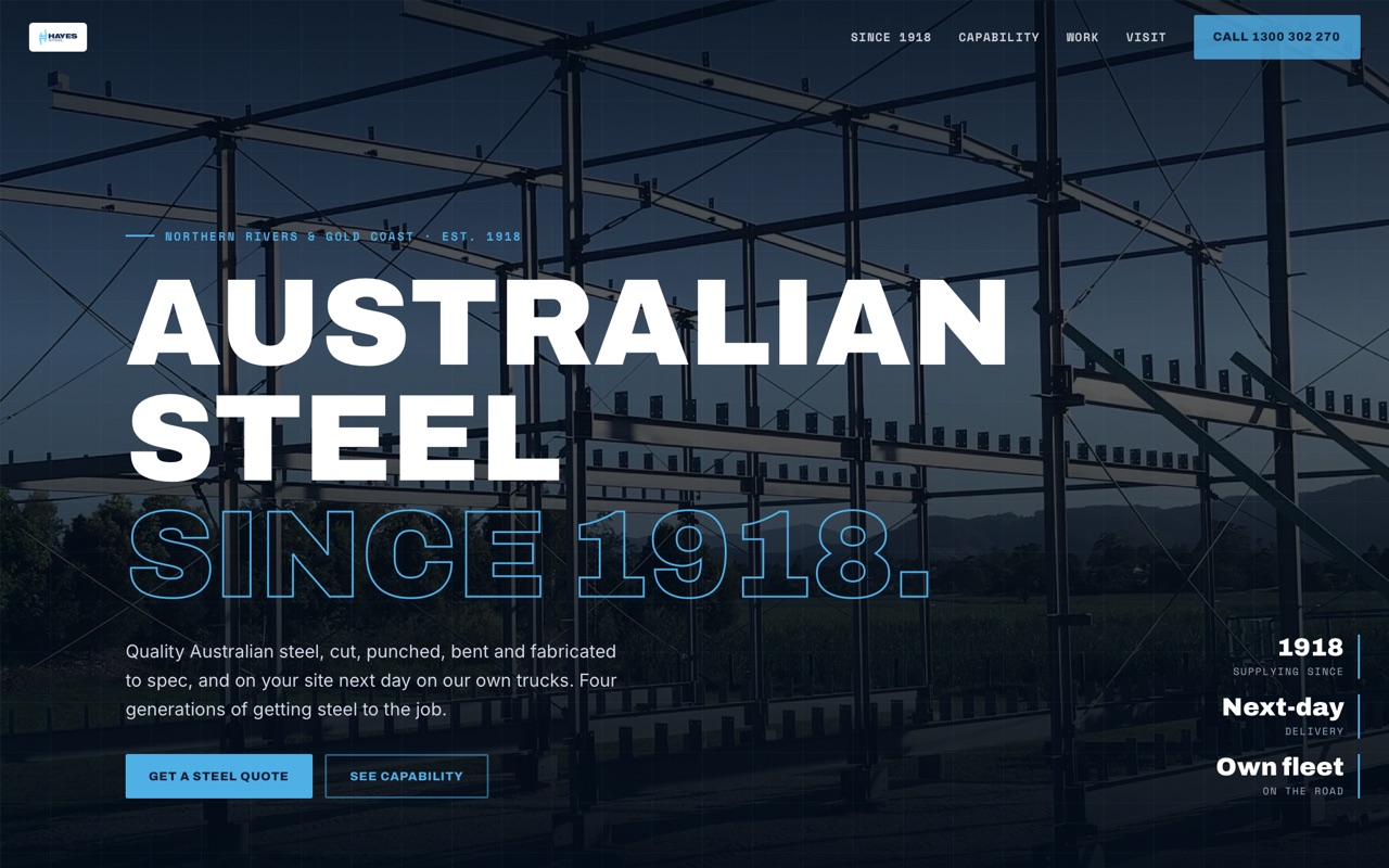 Hayes Steel website, desktop