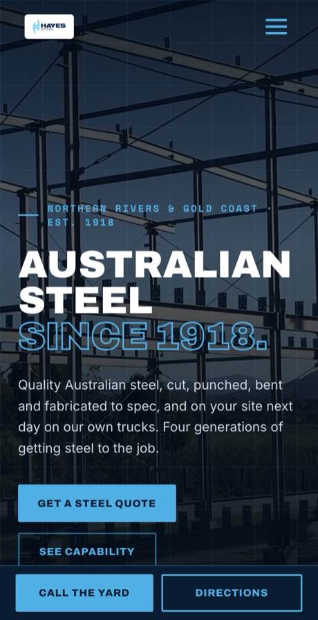 Hayes Steel website, mobile