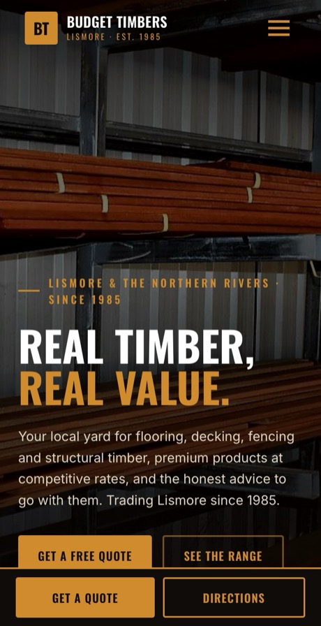 Budget Timbers website, mobile